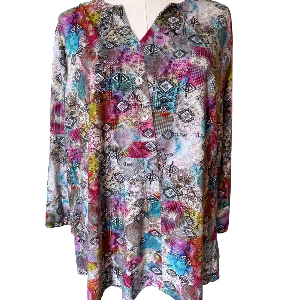 Parsley & Sage Womens XL Tunic Top Multi Color‎ Geometric Burnout V-Neck Button
